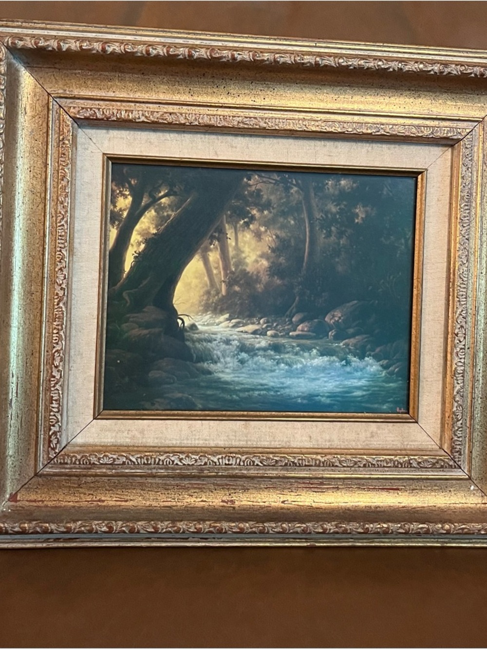 Gold Framed River Landscape Art Print - Blue/Green Palette